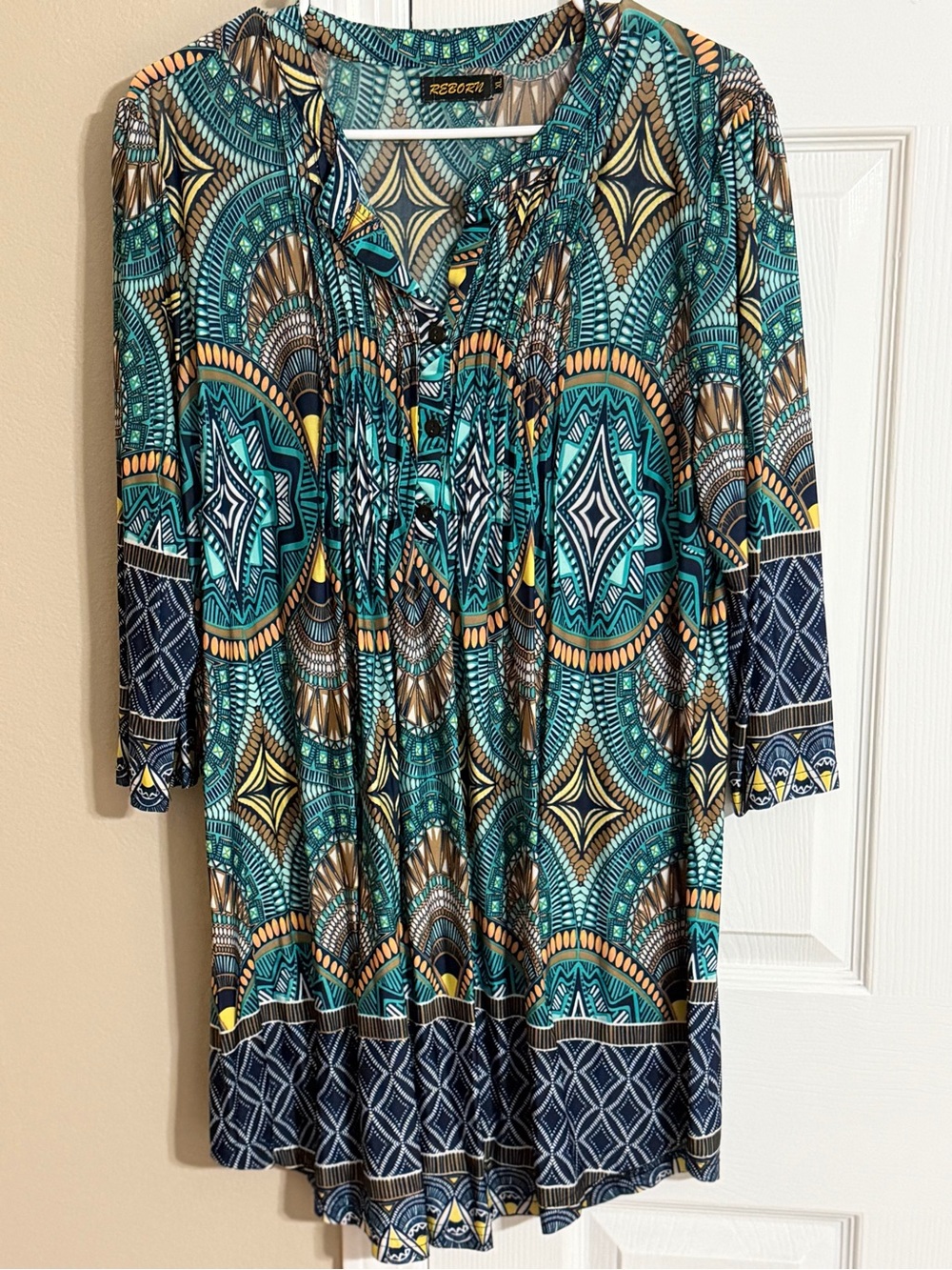 Reborn Teal, Navy & Mustard Geometric Long Sleeve Tunic Dress